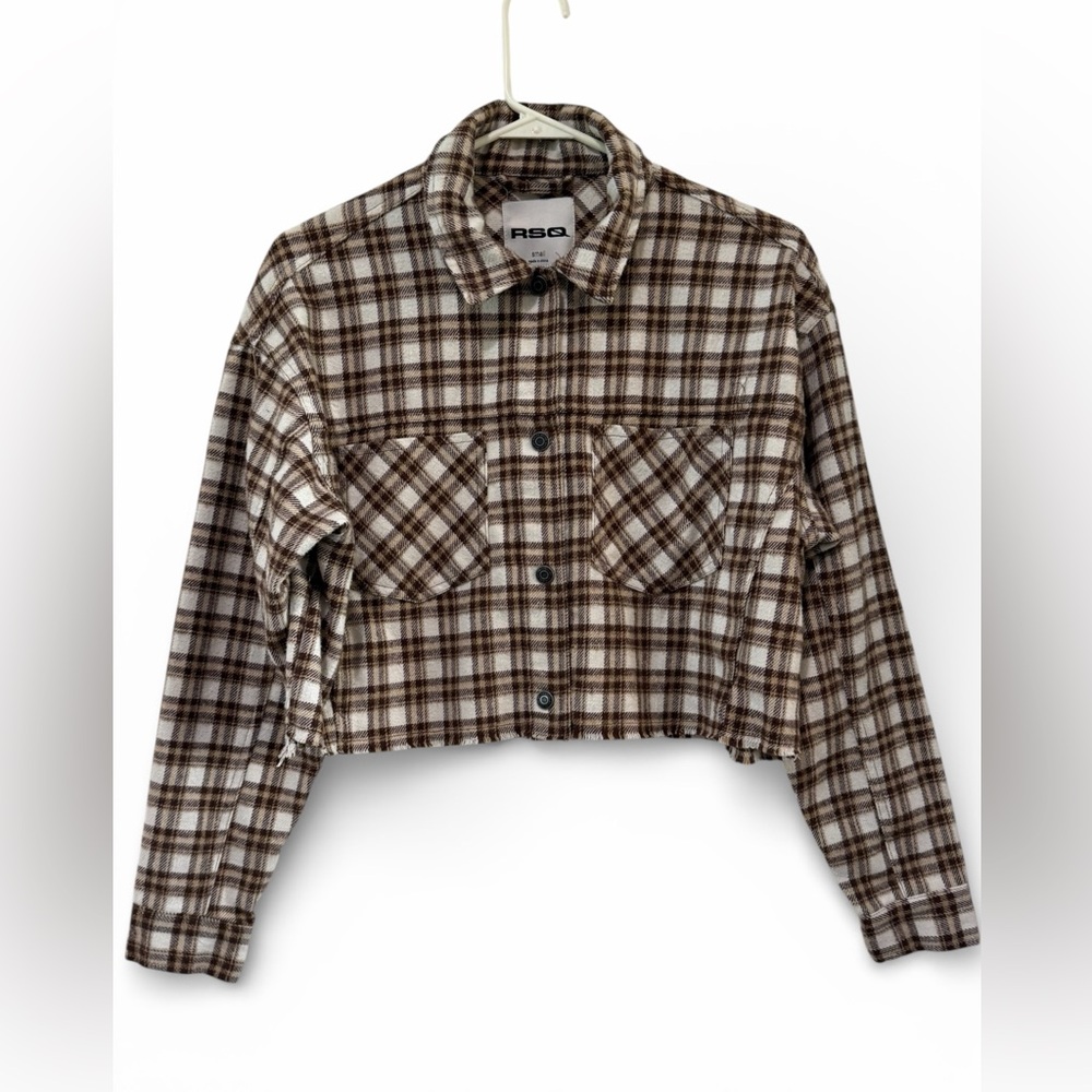 RSQ Women's Tan and Brown Checkered Cropped Flannel
